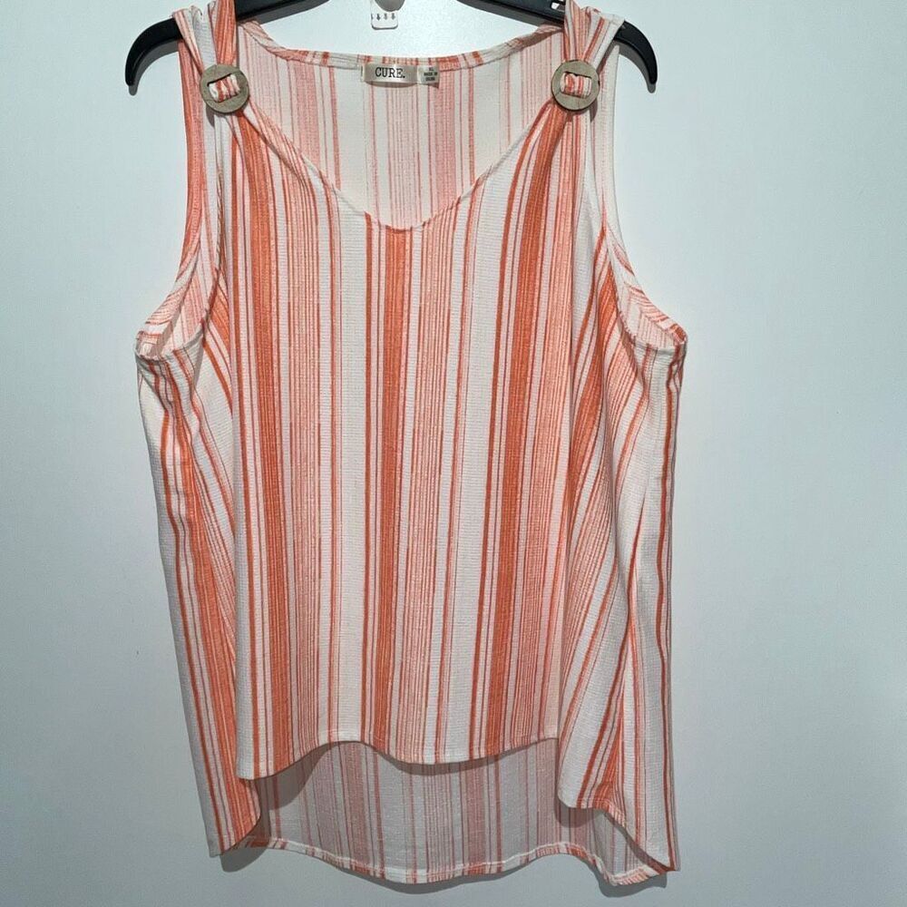 Cure Women's Orange White Stripe V-Neck Sleeveless Stretch Tank Top Size XL